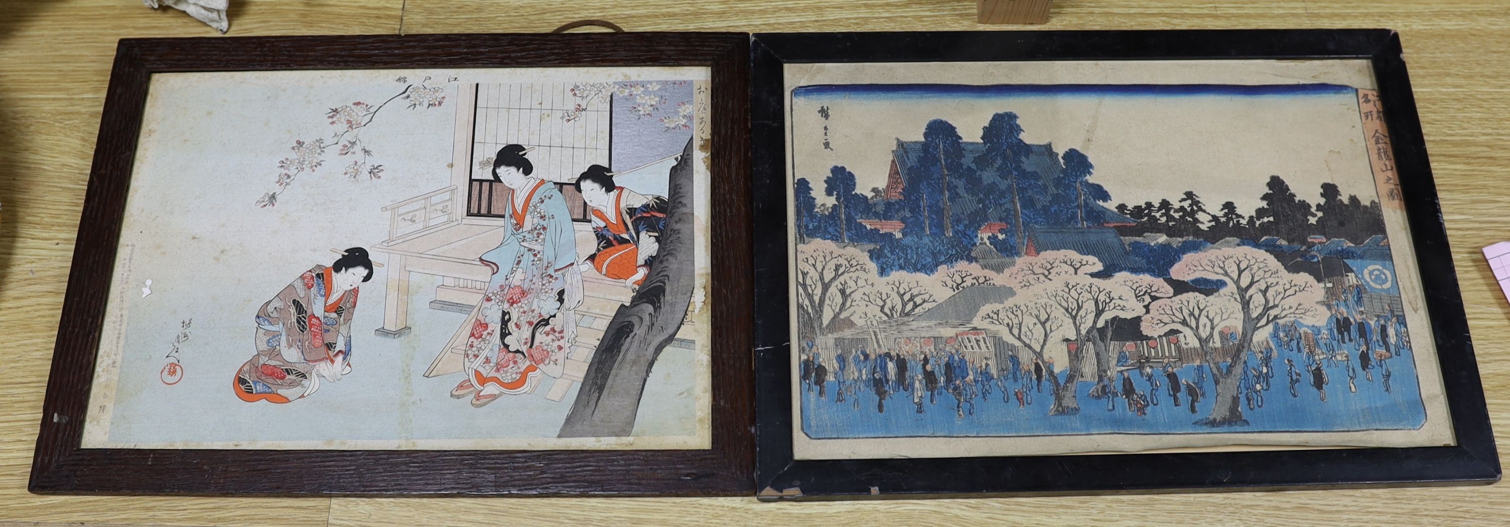 Two Japanese wood blocks, Utagawa Hiroshige, ‘View of Kinryûzan Temple’ and Toyohara Chikanobu ‘Visiting Friends’ 25x37cm